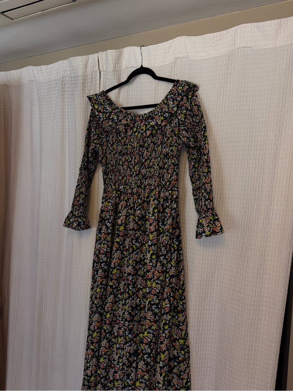 Floral Smocked Long Sleeve Maxi Dress - Black Floral